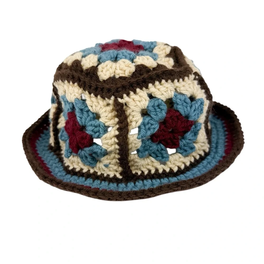 Handmade Crochet Granny Square Bucket Hat Maroon‎ Cream Brown Blue